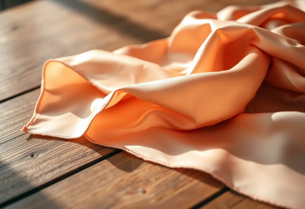 Châle en satin plié sur une table en bois