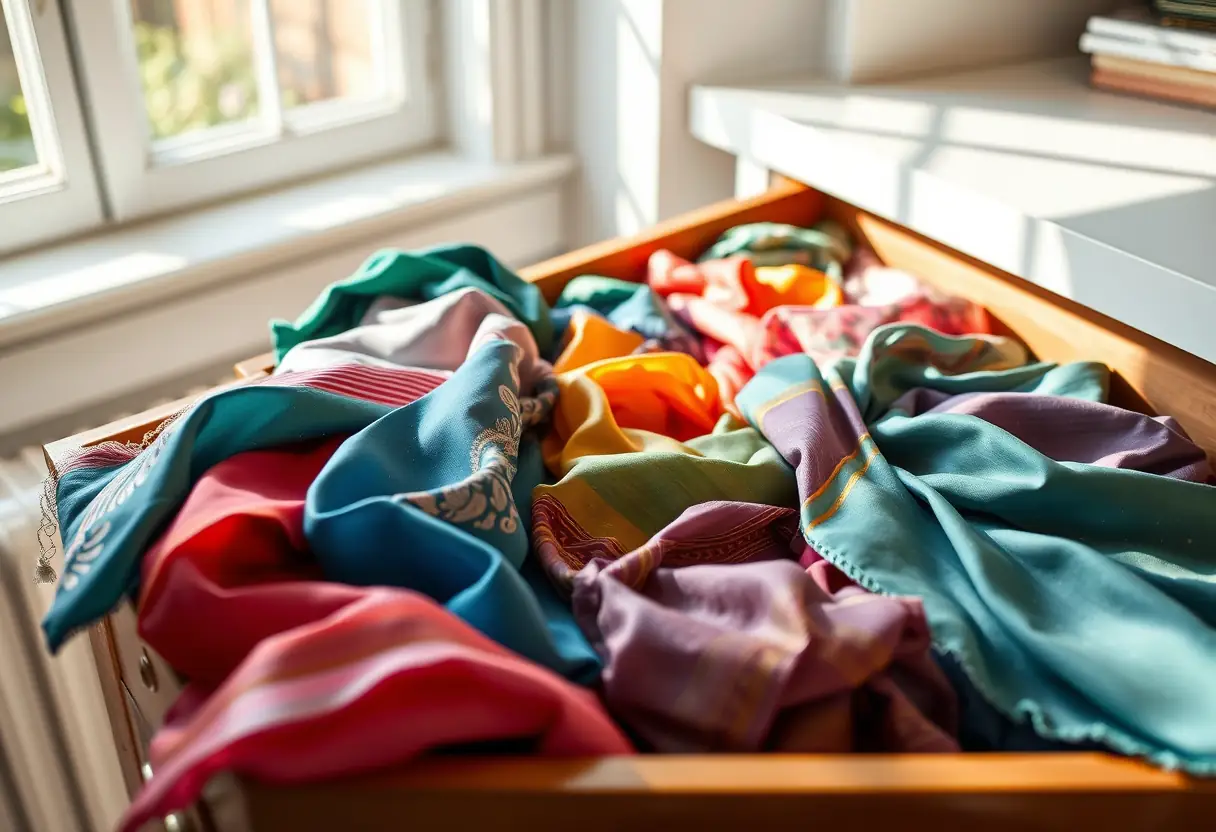 Un tiroir contenant des foulards en soie de différentes couleurs et motifs